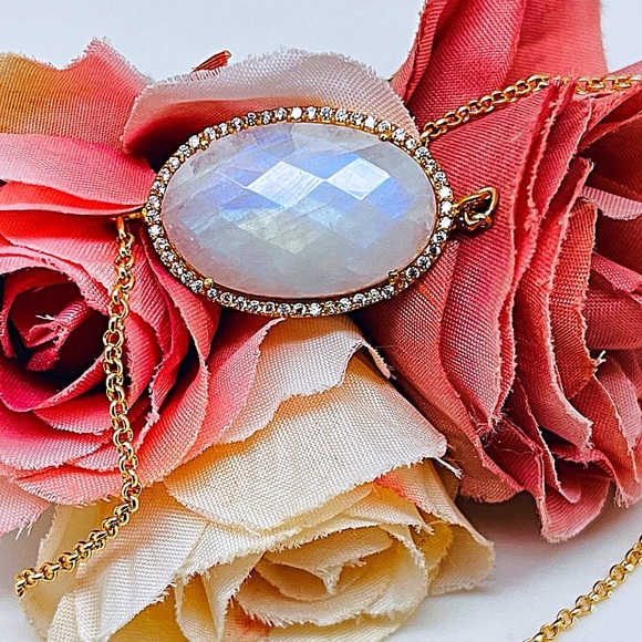 Gold Oval CZ Rainbow Moonstone Necklace w/2mm Rolo Chain, NWT, Gift Box Included - Picture 7 of 9